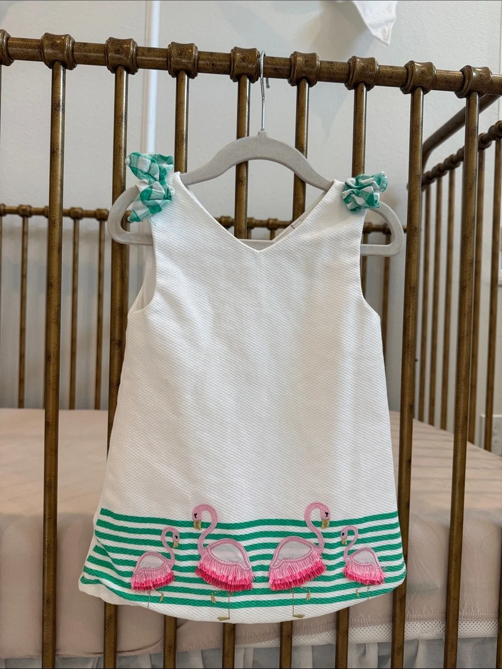 crown & ivy White Dress with Pink Flamingos and Green Stripes